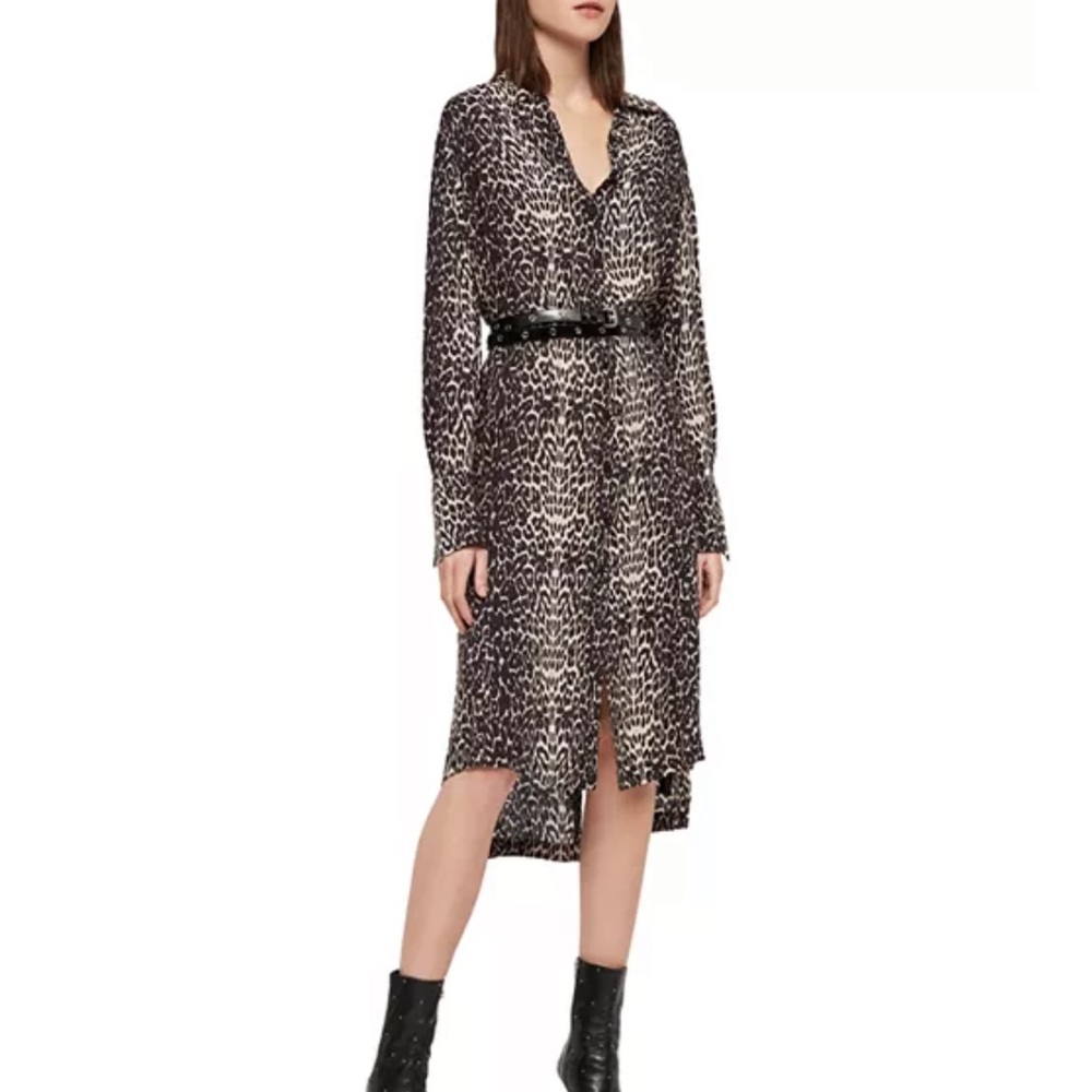 Allsaints Anya Animal Print Shirt Dress Medium Long Sleeve Button Front AND Back